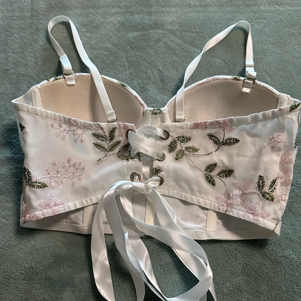 Shein small crop top, white with green and pink floral embroidery. - Picture 4 of 11
